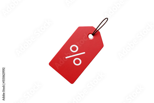 Red price tag with white percent symbol and small circles showing discount sale promotion, isolated on a transparent background