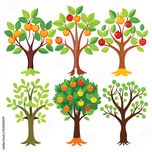 Various fruit trees with ripe red and orange fruits and green leaves apple trees orange trees