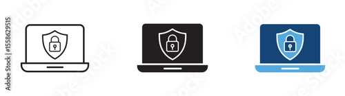Laptop computer with a lock icon on screen. Cybersecurity., Laptop security protection shield padlock internet safety data privacy network secure system icon set , vector illustration . 