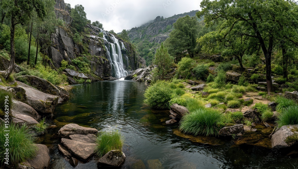 Obraz premium Serene Waterfall Surrounded by Lush Greenery in a Remote Nature Landscape with Calm Reflections on a Still Pool Under a Cloudy Sky
