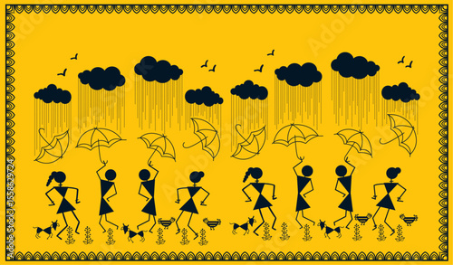 Traditional Mansoon Tribal Warli Painting Art Design , Vector illustration Design.