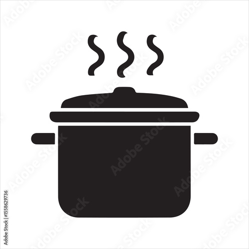 Cooking pot icon vector. Steaming saucepan silhouette for kitchen and food preparation themes. Simple black cookware graphic isolated on white
