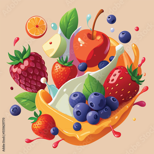 Vibrant assortment of fresh fruits and berries splashing in liquid strawberry blueberry