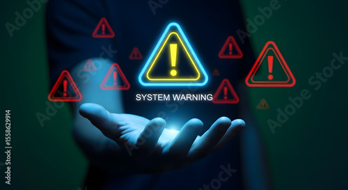 Urgent System Warning Alert in Hand, Digital Tech Caution Signs, Human Psychology Stress Response, Cyber Security Threat Notice