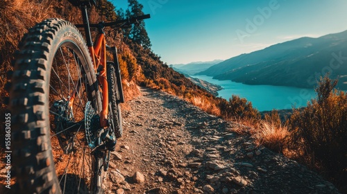 High-quality photo of thrilling Off-Road Adventure, Mountain Bike Tires Grip Gravel Path with Scenic Mountain and Lake View.