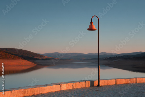 serene reservoir edge in spain at sunrise showcasing rich color tones