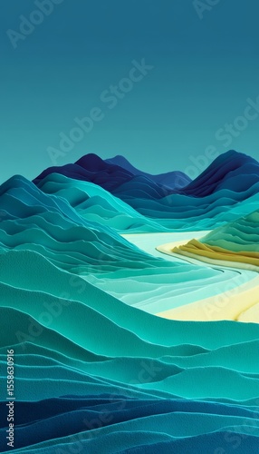 Serene Abstract Turquoise Landscape with Layered Paper-Like Waves and Dreamy Fluid Visuals Design