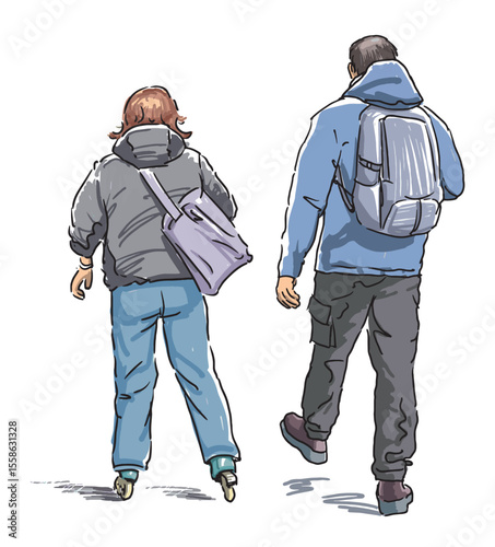 Activite sportive couple towns people walking outdoors, freehand drawing, realistic vector illustration isolated on white