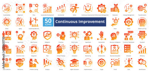 Continuous Improvement icon set contains 50 icons including, sustainable, development, incremental, action, continuous, improvement, management, reduction,  simple vector glyph gradient style.