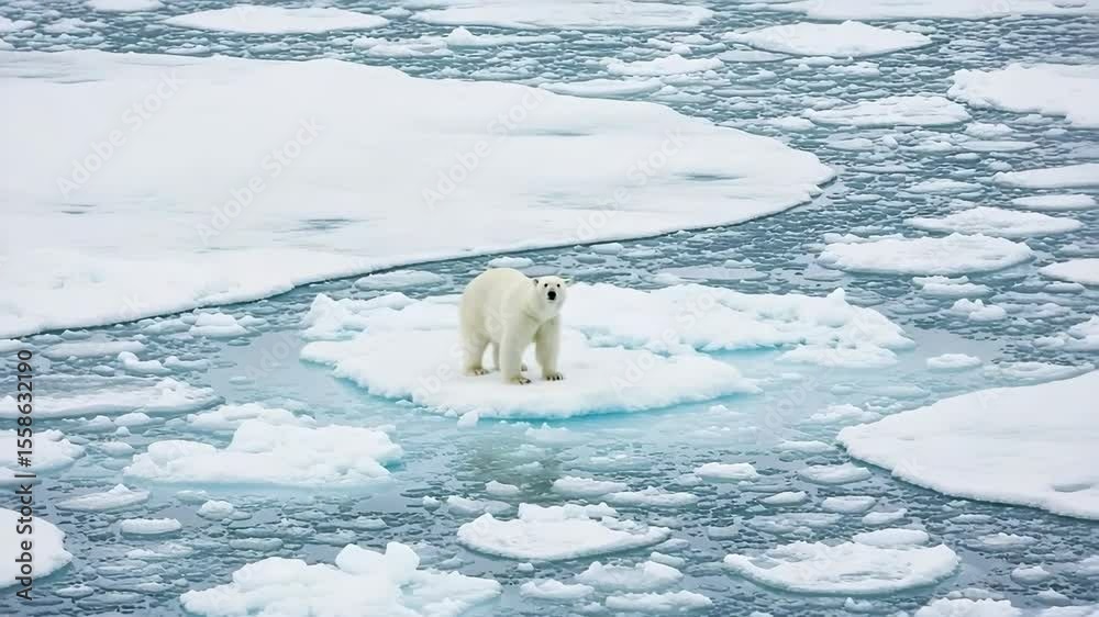 Polar bear Ursus maritimus standing on small ice floe in arctic ocean. Majestic polar bear calmly observes surroundings from icy platform. Powerful polar bear image perfect for environmental documenta Polar bear Ursus maritimus standing on small ice floe in arctic ocean. Majestic polar bear calmly observes surroundings from icy platform. Powerful polar bear image perfect for environmental documenta