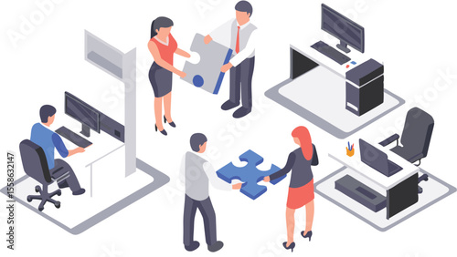 Isometric office scene depicting teamwork with employees assembling puzzle pieces and working at desks online