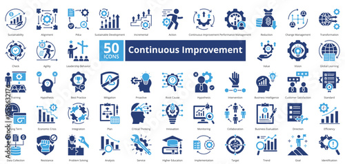 Continuous Improvement icon set contains 50 icons including, sustainability, alignment, pdca, sustainable, development, incremental, action, simple vector two color style.