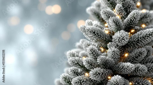 Close-up of a snowy evergreen tree adorned with soft lights, creating a magical winter atmosphere.