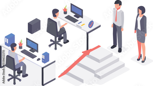 Isometric office scene depicting employees at desks and colleagues standing on steps with arrow pointing up