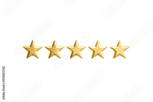 Five golden 3D stars arranged horizontally in a perfect row, isolated on a transparent background