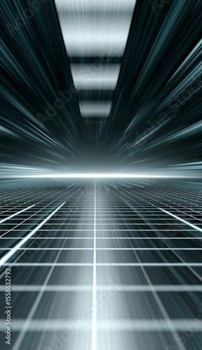 Futuristic digital tunnel with light rays and grid pattern, symbolizing speed, innovation, and technological advancement.