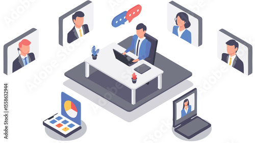 Isometric illustration of a virtual meeting with participants on screens around a central figure working at a desk