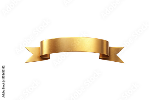 Curved gold ribbon banner with dimensional perspective and lustrous metallic surface creating elegant decorative element, isolated on a transparent background