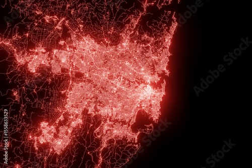Photography Street map of Sydney (Australia) made with red illumination and glow effect