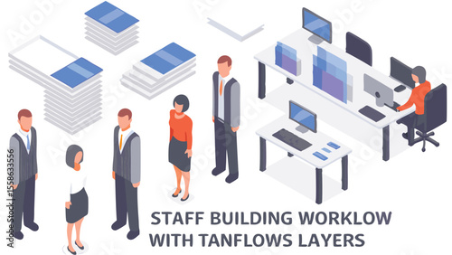 Isometric office scene depicting employees at desks with computers and stacks of documents in a workspace
