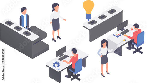 Isometric view of office workers at desks with computers and a lightbulb idea concept shown