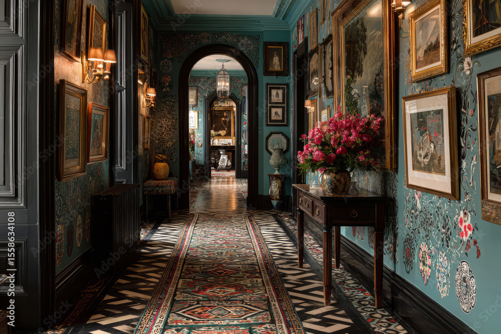 Fototapeta premium Colorful hallway with wallpaper, picture frames and carpet