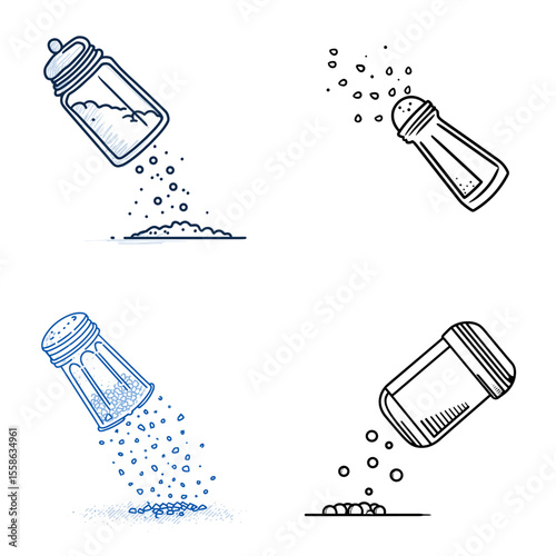 Hand-drawn salt shakers in motion with sprinkled salt grains. Perfect for spice illustrations, seasoning labels, or culinary graphics.

