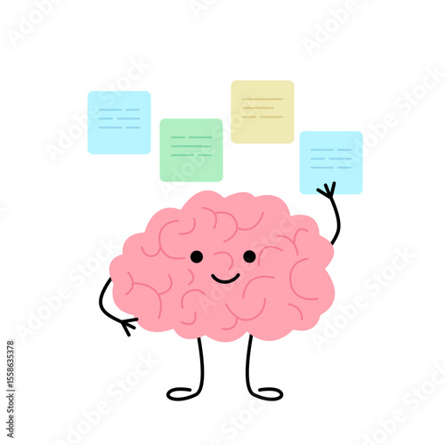 Brain think, brainstorm and multitasking, cute child character. Confused brain doubt over question, seek answer. Sticky with idea. Vector illustration