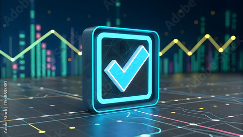 Digital checkmark symbol on a futuristic data analysis background.