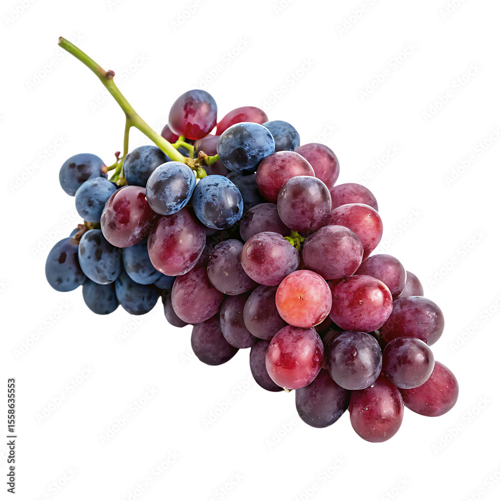 Fototapeta premium A mixed bunch of ripe red and blue grapes on the vine together isolated on a transparent background png