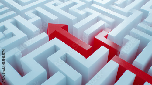 Red arrow guides through intricate maze representing strategic decision making and problem solving. Clean white structures create a modern visual context