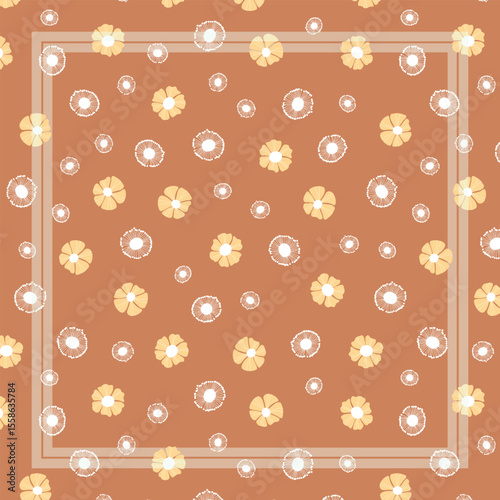 Print for kerchief, bandana, scarf, handkerchief, shawl, neck scarf. Squared pattern with ornament for fabric, textile, silk products. Paisley vector with abstract flowers. Floral folk tracery.