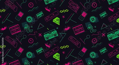 80s Retro Cassette Tape and Boombox Seamless Pattern