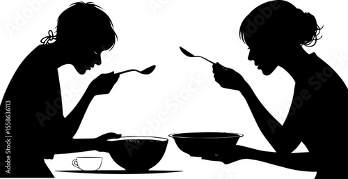 People Eating Soup or Cereal with Spoons | Mealtime Silhouette
