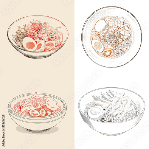Detailed line drawings of ramen noodle bowls with eggs and toppings in soft monochrome and color tones. Great for Japanese food menu designs.

