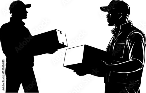 Delivery People Exchanging Packages Silhouette | Courier Service