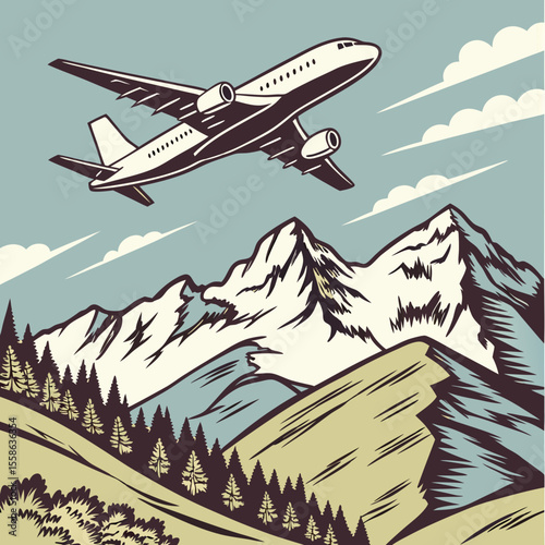 Illustration of an airplane flying over a mountain range with trees and clouds in a vintage style design
