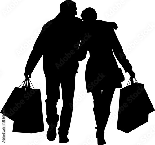 Silhouettes of Couple Walking and Shopping with Bags