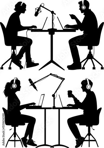 Silhouettes of Podcasters and Content Creators Working on Laptops with Microphones