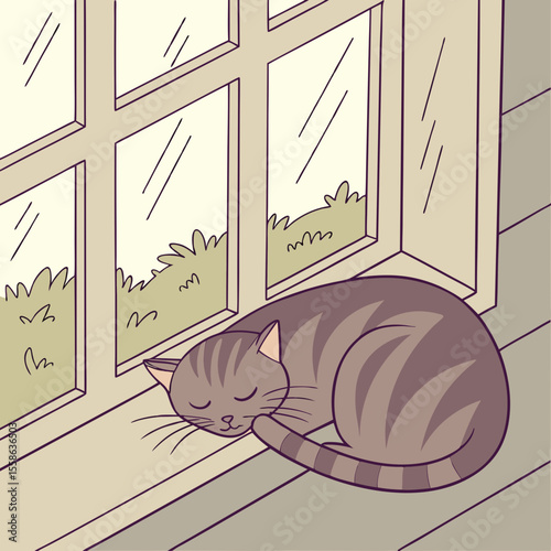 A curled up tabby cat sleeping peacefully on a window sill with a view of green grass outside the window