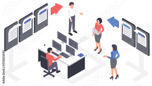 Isometric office scene depicting document workflow with employees and computer workstations setup area