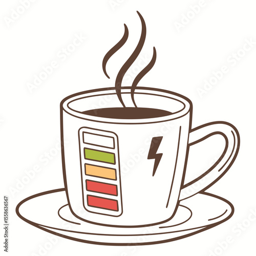 A cup of coffee with a battery symbol and a lightning bolt design indicating energy and power boost mug