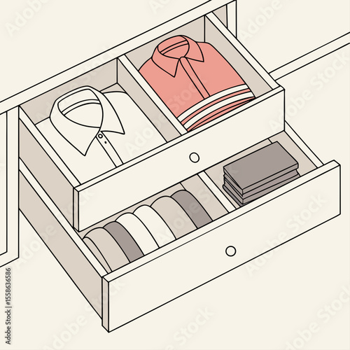Overview of an open dresser with two drawers containing folded shirts ties and stacked cards or papers