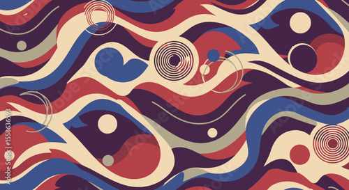 Abstract Swirling Wave Pattern Red, Blue, and Beige Color Palette Illustration