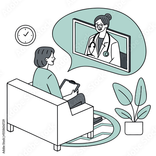 Woman sitting on a couch having a telehealth consultation with a doctor displayed in a speech bubble