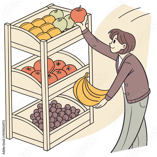 Illustration of a woman selecting an apple from a fruit stand filled with various types of produce items