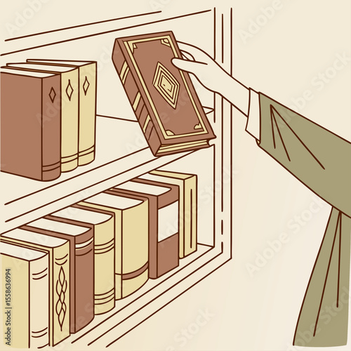Hand reaching for a brown book with diamond pattern on a bookshelf filled with various books inside home library