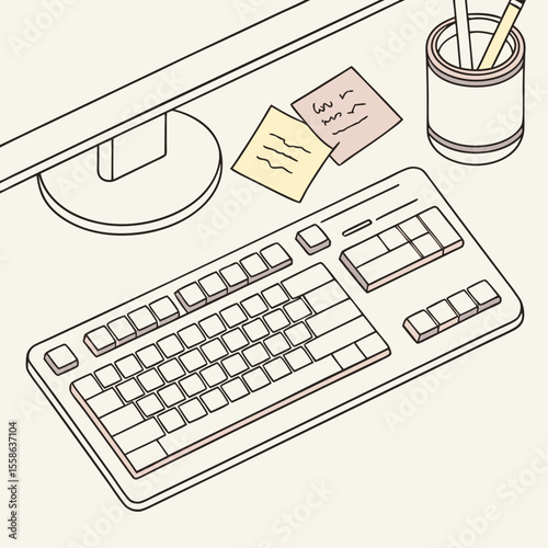 Overhead view of a desk with a monitor keyboard sticky notes and a pen holder in a minimalist style
