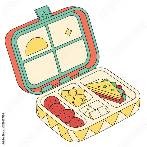 Open lunchbox with compartments filled with sandwich fruit and other food items in a colorful box