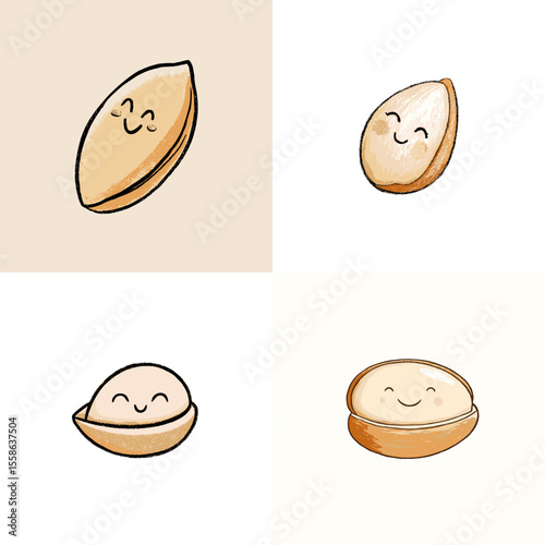 Adorable hand-drawn snack characters including nuts and shells with happy faces. Perfect for kids’ products, packaging, and kawaii food designs.

